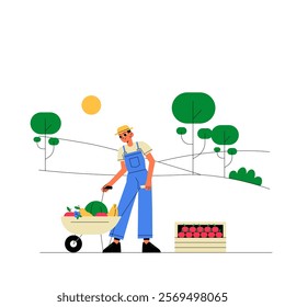 Male Farmer With Wheelbarrow In Flat Vector Illustration Symbolizing Farming, Agriculture, And Harvesting, Isolated On White Background.
