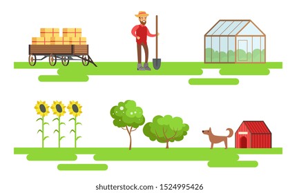 Male Farmer Working at Farm Set, Eco Farm Elements, Greenhouse, Sunflowers, Fruit Trees, Dog Vector Illustration