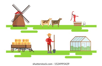 Male Farmer Working at Farm Set, Eco Farm Elements, Animals, Greenhouse, Windmill Vector Illustration