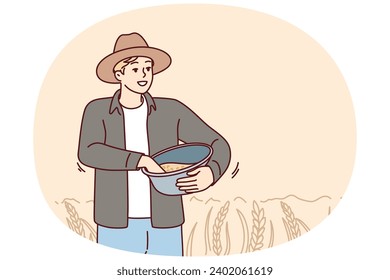 Male farmer working in field on harvest season. Smiling man busy with agriculture on pasture or cropland. Vector illustration.