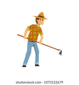 Male farmer working with hoe, farm worker with gardening tool vector Illustration on a white background