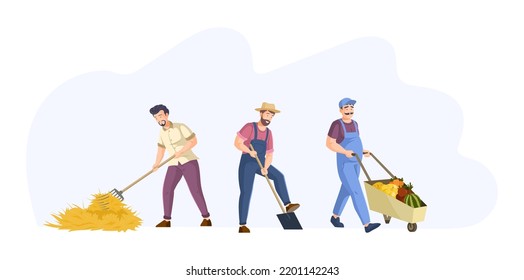 Male farmers and gardeners with agricultural tools set. Farm workers making haystack with pitchfork, digging with shovel, pushing wheelbarrow with vegetables. Men harvesting and working on field