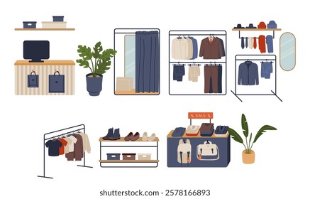 Male fashion boutique interior design with clothes hangers and shoes on shelves vector illustration. Trendy outfit for man in retail space, stylish apparel on rack, fitting room and counter desk