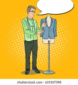 Male Fashion Designer with Jacket on a Mannequin. Textile Industry. Pop Art retro vector illustration