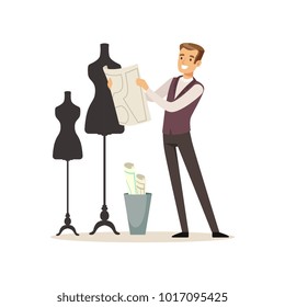 Male fashion designer standing near the dummy, tailor couture working at atelier vector Illustration