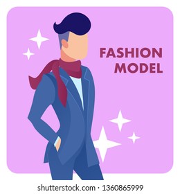 Male Fashion Model Flat Vector Poster Template. Stylish, Elegant Man Wearing Fashionable Suit Cartoon Character. Bohemian Artist, Dandy with Scarf, Neckcloth. Luxury Lifestyle, Night City Life