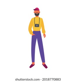 Male fashion model standing in trendy clothes and posing with hand in pocket - cartoon man in designer clothing with strapped camera, flat isolated vector illustration