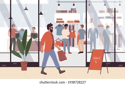 Male fashion sales at shopping mall vector illustration. Cartoon young hipster shopper man character walking next to shop store or boutique entrance where men try on fashionable clothes background