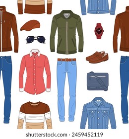 Male fashion set, men's clothes collection, fashionable outfit, vector seamless background pattern