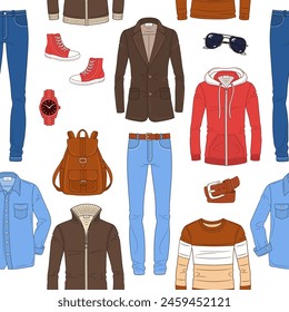 Male fashion set, men's clothes collection, fashionable outfit, vector seamless background pattern