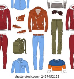 Male fashion set, men's clothes collection, fashionable outfit, vector seamless background pattern