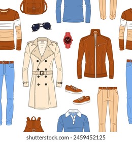 Male fashion set, men's clothes collection, fashionable outfit, vector seamless background pattern