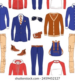 Male fashion set, men's clothes collection, fashionable outfit, vector seamless background pattern