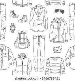 Male fashion set, men's clothes collection, fashionable outfit, vector line seamless background pattern