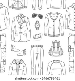 Male fashion set, men's clothes collection, fashionable outfit, vector line seamless background pattern