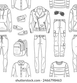 Male fashion set, men's clothes collection, fashionable outfit, vector line seamless background pattern