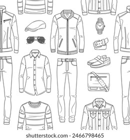 Male fashion set, men's clothes collection, fashionable outfit, vector line seamless background pattern