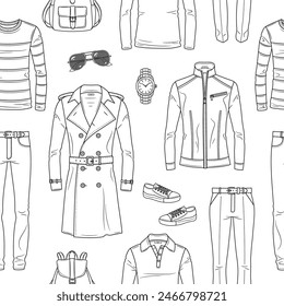 Male fashion set, men's clothes collection, fashionable outfit, vector line seamless background pattern