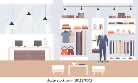 Male fashion store, clothing shop vector illustration. Cartoon flat empty showroom interior with trendy fashionable man clothes for sale on shelves and mannequins, indoor fashion boutique background