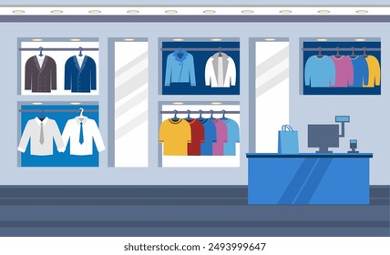 Male fashion store. Interior scene of men clothing store, Boutique interior of men's clothes fashion, tailor shop, interior building. Marketing. Doodle flat vector. Cartoon flat empty showroom.