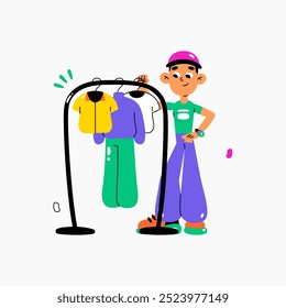 Male fashion stylist standing by clothing rack with colorful outfits, representing fashion design, garment selection, and retail shopping. Flat vector illustration, isolated on white