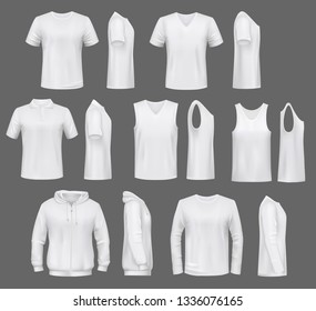 Male fashion, t-shirt templates with hoodie and sweatshirt, polo and singlet or sleeveless shirt. Vector basic clothes white mockups, casual garments. Men outfit henleys and tank top items, underwear