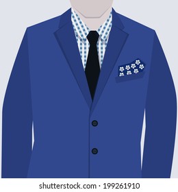 Male fashionable blue suit with checkered shirt and tie close up