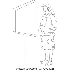 Male fashionable character standing at work looks at large monitors. One continuous drawing line  logo single hand drawn art doodle isolated minimal illustration.