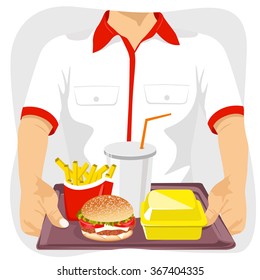 Male Fast Food Restaurant Employee Holding Tray With Common Fast Food Snacks