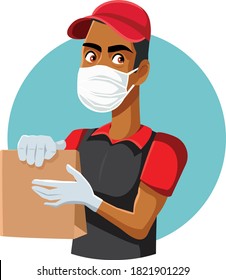 Male Fast Food Worker Wearing Protective Mask And Gloves. Courier From Catering Service Delivering Meal In Paper Package
