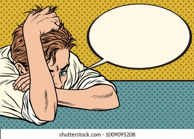 male fatigue at the office. Intellectual work. Pop art retro vector illustration