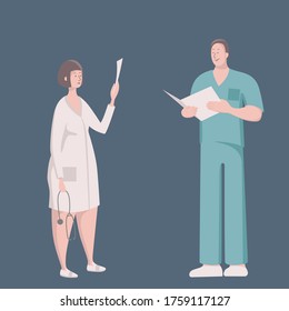 Male and feamle doctor talking with each other. Healthcare services, Ask a doctor, consultation. Therapist in uniform with stethoscope, surgeon. Medical team concept. Medical clinic staff. 