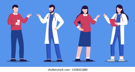 Male and feamle doctor talking with patients. Healthcare services, Ask a doctor. Therapist in uniform with stethoscope. Gynecologist  and urologist, medical team concept. Medical clinic staff. 