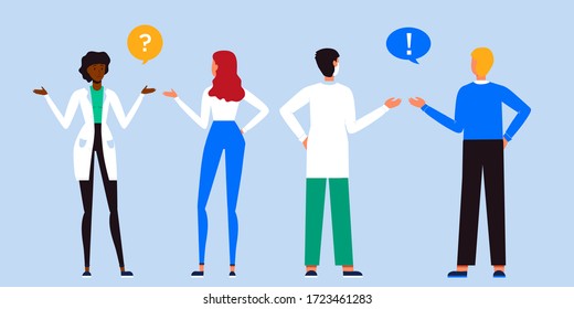 Male and feamle doctor talking with patients. Healthcare services, Ask a doctor. Therapist in uniform with stethoscope. Gynecologist and urologist, medical team concept. Medical clinic staff.