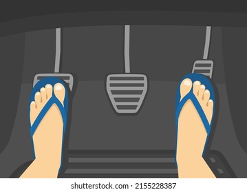 Male feet presses the car pedals. Driving in flip flops. Flat vector illustration template.