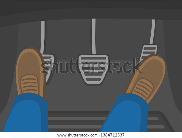 Male feet presses the car pedals. Gas,\
clutch and brake. Flat vector\
illustration.