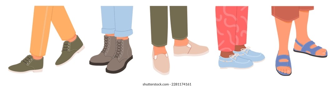 Male feet wearing different shoes vector illustration. Seasonal footwear like boots, moccasins, flip flops on man leg isolated on white background. Casual and elegant footgear fashion
