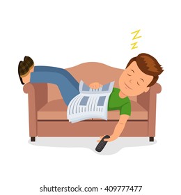 Male fell asleep while reading on a cozy couch. Isolated vector character man sleeping on the couch with the newspaper and remote control in hand.