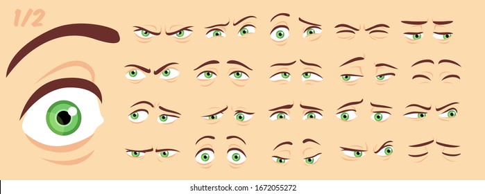 Male  female abstract cartoon eyes  eyebrows  eyelashes expression variations  emotions collection set 1/2  vector illustration