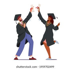 Male And Female Alumnus Characters Graduating University, College Or School. Cheerful Graduates People In Academical Cap And Gown Rejoice With Diploma Certificate. Cartoon People Vector Illustration