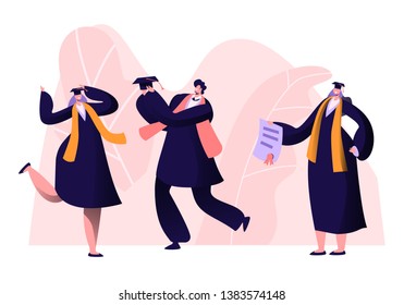 Male and Female Alumnus Graduating University, College or School. Cheerful People In Academical Cap and Gown Rejoice, Professor Show Diploma Certificate to Graduates. Cartoon Flat Vector Illustration