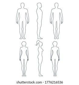 Male And Female Anatomy Human Character, People Dummy Front And View Side Body Silhouette, Isolated On White, Flat Vector Illustration. Black And Outline Mannequin People Scale Concept.