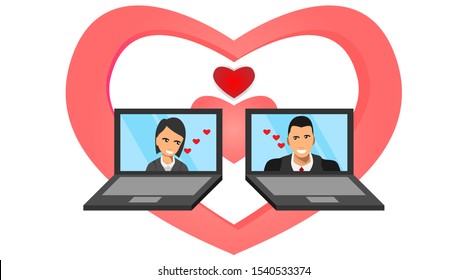 male and female appear on the laptop screen with the symbol of love. social media between laptops. a love affair through a laptop. illustration of digital social media relations.