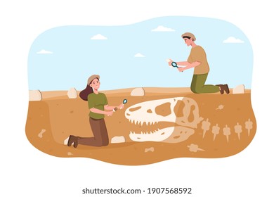 El arqueólogo masculino y femenino que descubre dinosaurios permanece bajo tierra. Una pareja joven sonriente investiga los huesos de dinasaurios y la anatomía con un magnificador después de las excavaciones. Ilustración vectorial de dibujos animados planos