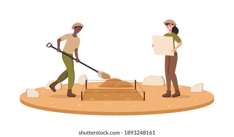 Male and female archaeologists digging out historical discovery with shovel. Excited girl standing next to excavation place with map. Paleontological research. Flat cartoon vector illustration