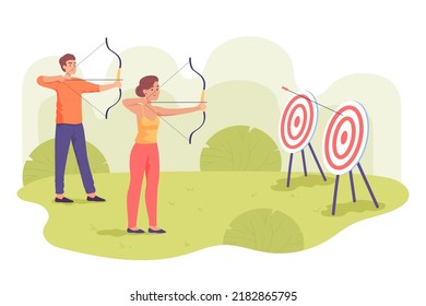 Male and female archers with bows and arrows aiming at targets. Archery practice or training for man and woman, players practicing shots flat vector illustration. Archery, sports, competition concept