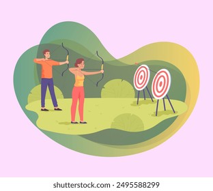 Arqueros machos y hembras con arcos y flechas apuntando a objetivos. Práctica de tiro con arco o entrenamiento para hombre y mujer, jugadores practicando tiros de Ilustración vectorial plana. Tiro con arco, deportes, concepto de competición