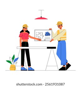 Male And Female Architects Discussing Blueprints In Flat Vector Illustration Symbolizing Collaboration, Planning, And Professional Design, Isolated On White Background.