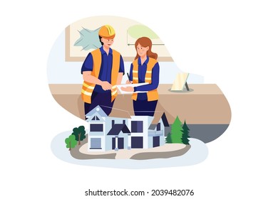 Male and female architects doing a discussion about the building plan Illustration concept. Flat illustration isolated on white background.