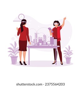 Male and female architects wearing Augmented Reality Headsets studying urban spatial concepts. Augmented Reality concept. Trend Modern vector flat illustration